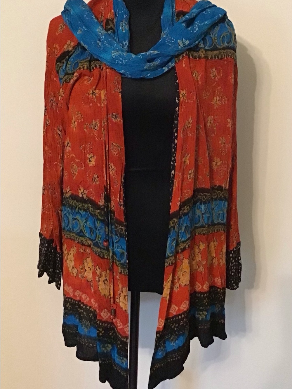 Carole Little Red and Blue Printed Open Cardigan with Scarf